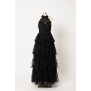 Petal & Pup Frances Halter Tulle Maxi Dress Black Tiered Ruffle Gown Medium NWOT